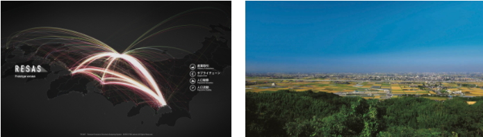 左圖:RESAS Prototype可將現(xiàn)有大數(shù)據(jù)信息視覺化。右圖:日本福岡縣三山市。
