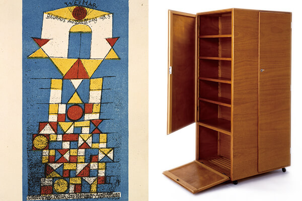 (左)導(dǎo)師之一的克列（Paul+Klee）為1923年的包浩斯展覽所創(chuàng)作的作品。+(右)Josef+Pohl設(shè)計(jì)的單身漢衣櫥。