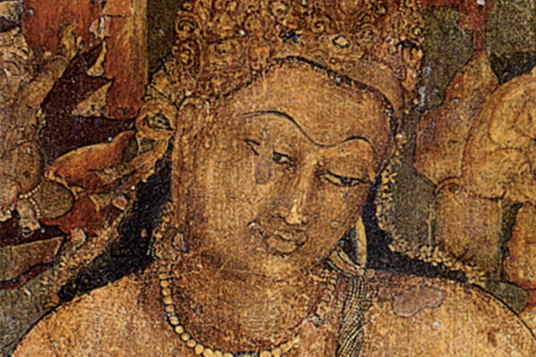 圖四：壁畫《持蓮花菩薩》局部，阿旃陀石窟第1窟左壁，約580年。